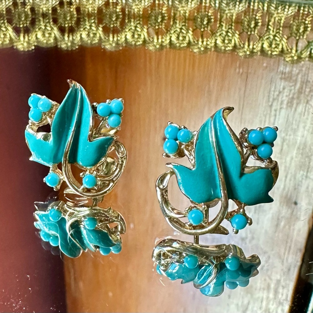 1950’s Coro Robin’s Egg Blue Enamel Leaves and Buds Clip Earrings